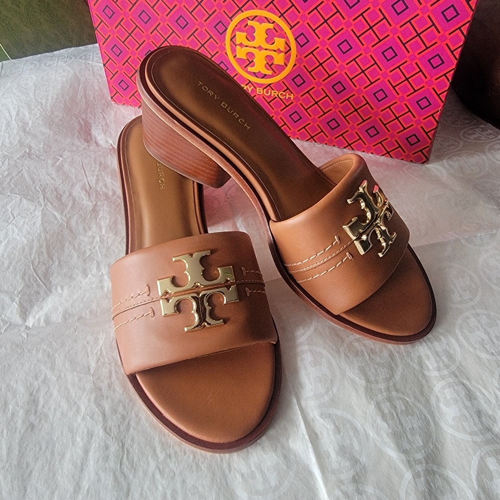 ⭐️Tory Burch womens Peep-toe Tan Slide Sandals with Gold Logo - Picture 13 of 16
